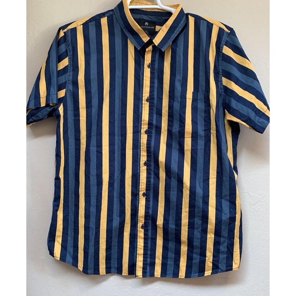 Shouthouse Men’s XXL  Short Sleeve Button Up Casual Shirt Striped Blue Yellow
